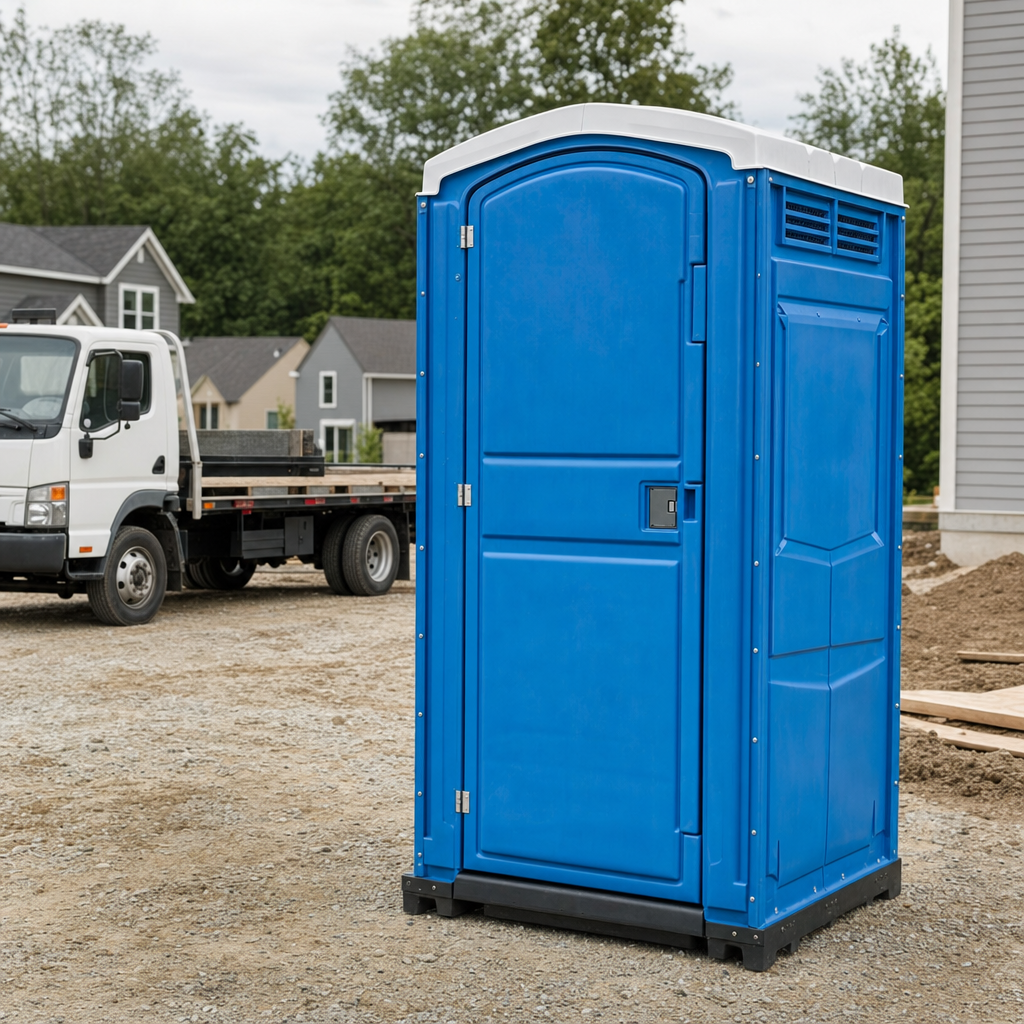 Delivery driver positioning a clean royal-blue portable toilet on level ground at a Boston worksite