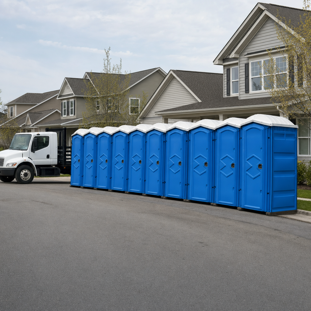 Royal blue portable toilets staged in a tidy row at a Boston jobsite, ready for delivery
